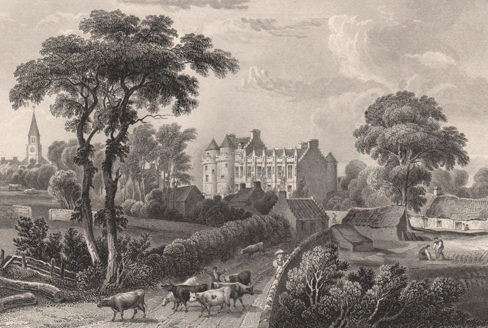 Falkland Palace & Town, Fife. Scotland 1845 old antique vintage print picture